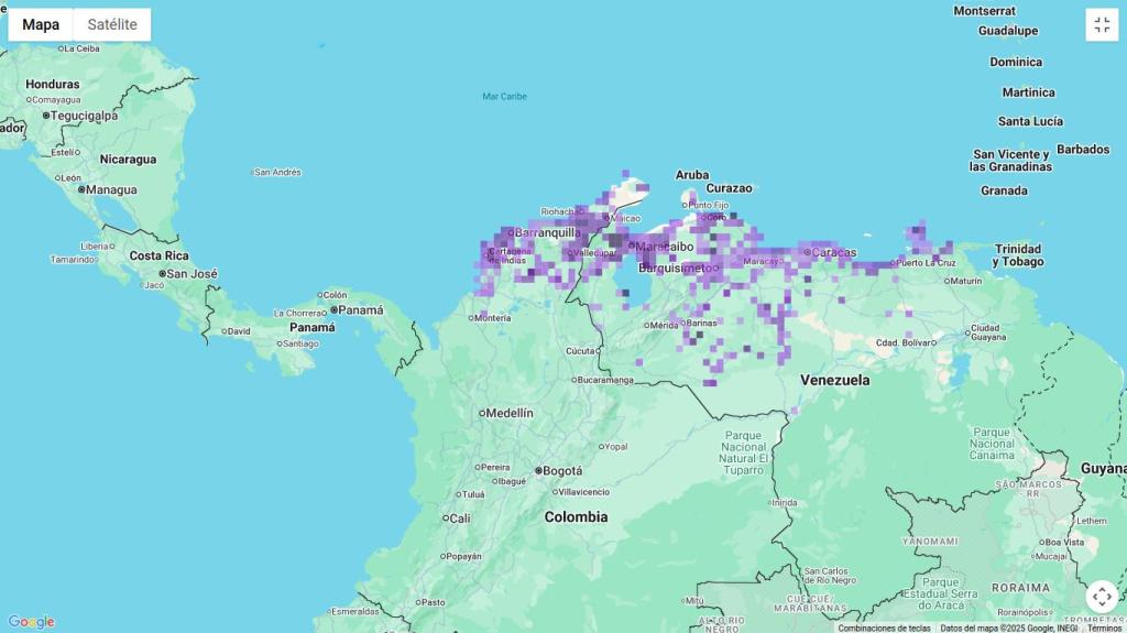 Mapa de distribución del pájaro azulejo glauco en el norte de Suramérica.