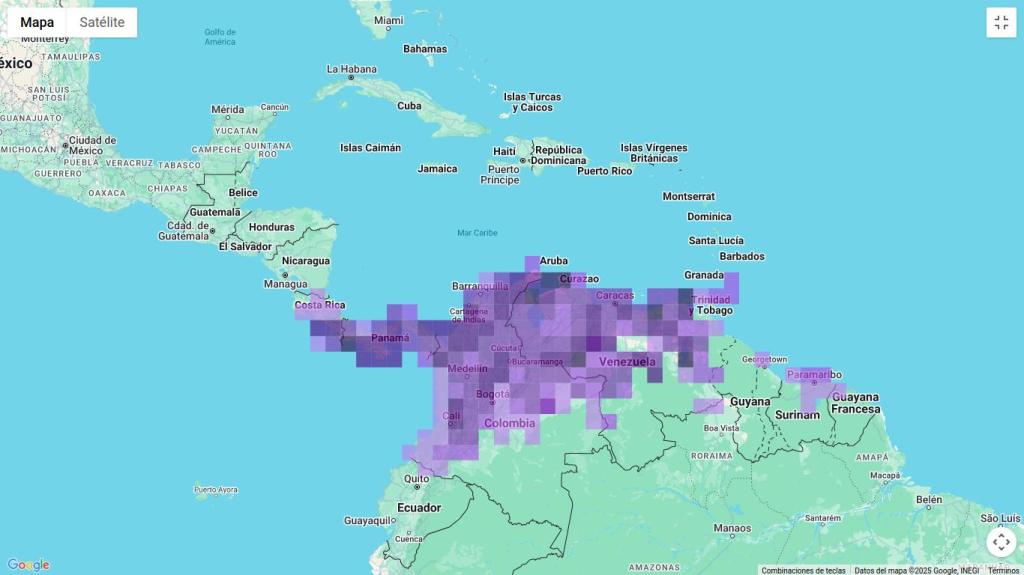 Mapa de distribución de una especie de ave en el norte de Suramérica.