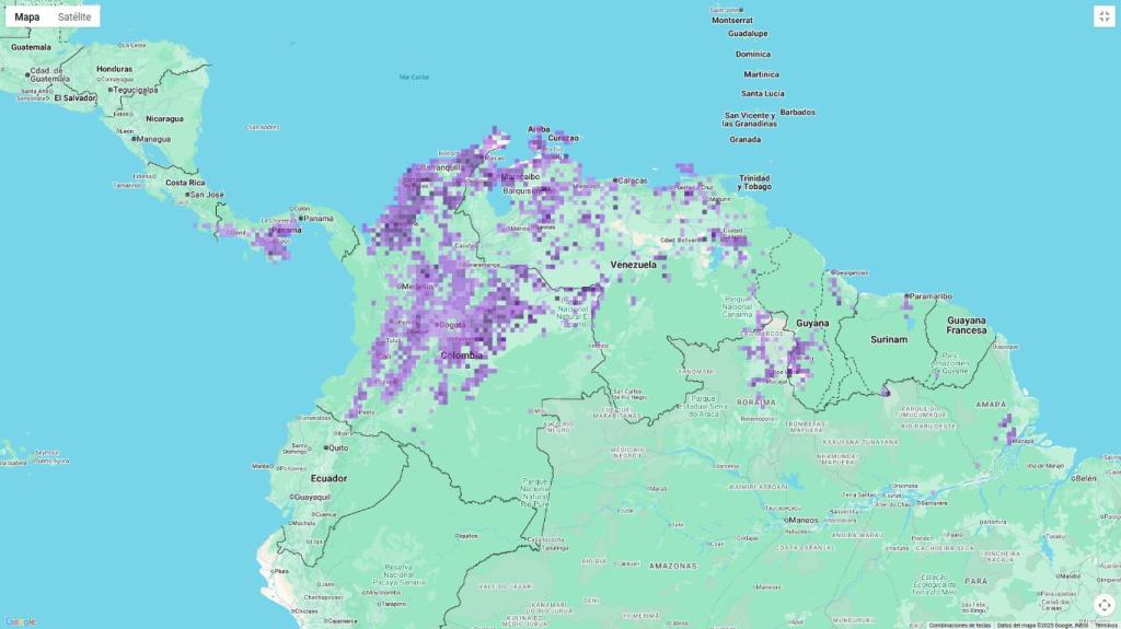 Mapa de distribución del ave perdiz crestada en el norte de Suramérica y Panamá.