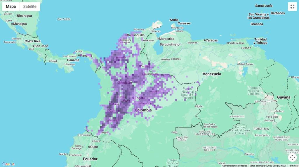Mapa de distribución del periquito de anteojos en Colombia.