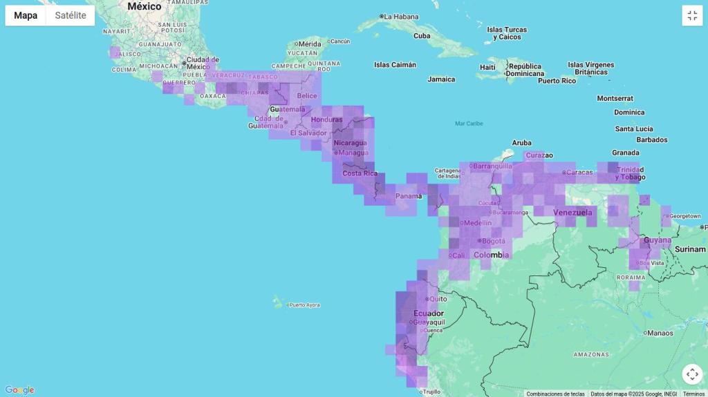 Mapa de distribución del pájaro trepatroncos por la América tropical continental.