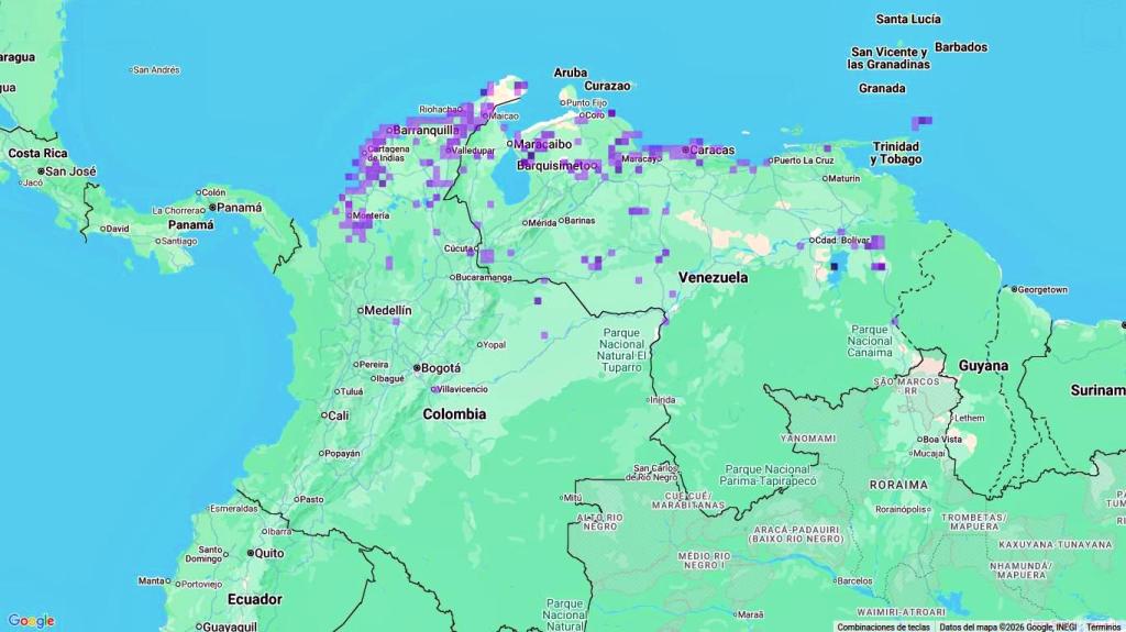 Mapa de distribución del atrapamoscas venezolano en el norte de Colombia y Venezuela.