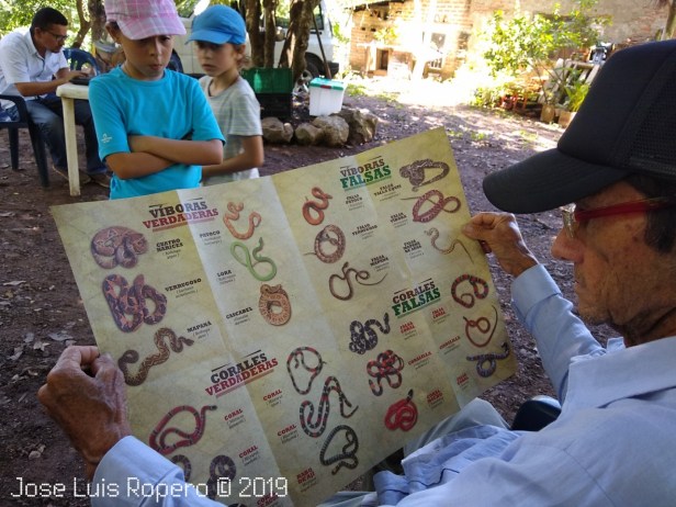 Hombre leyendo folleto de serpientes