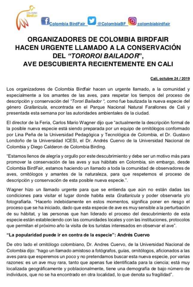 Comunicado de prensa Colombia Birdfair
