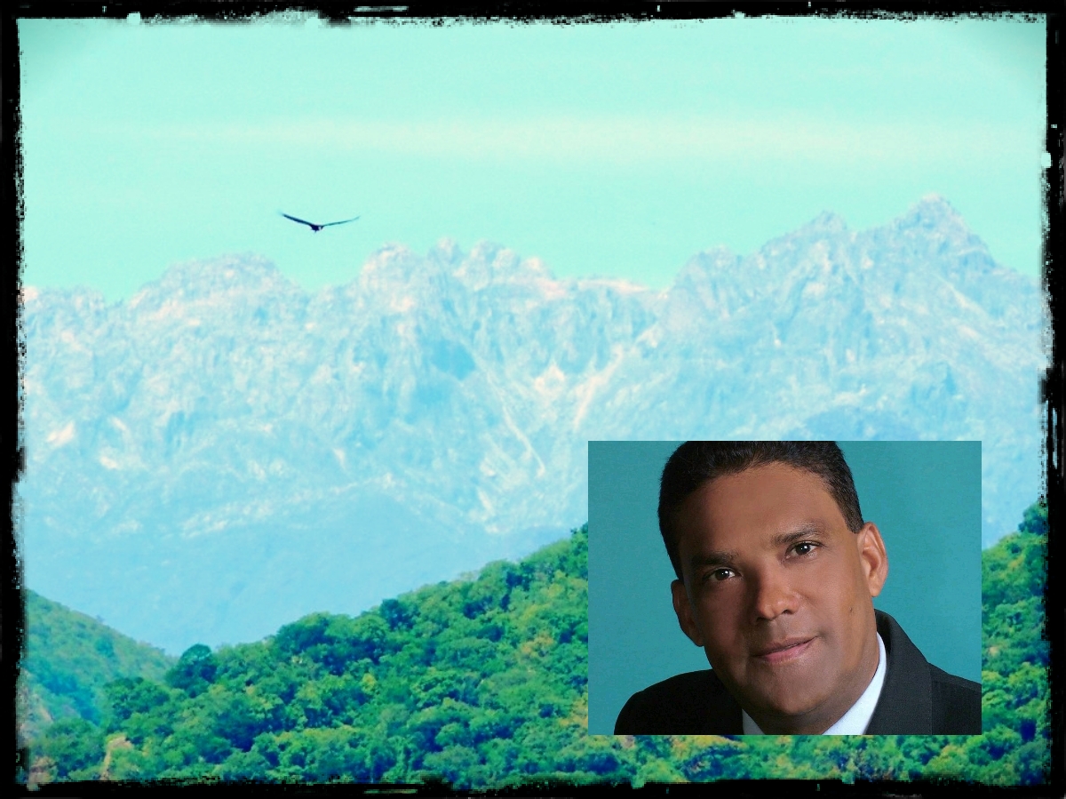 Fotomontaje de un rostro sobre un fondo de montañas y cielo