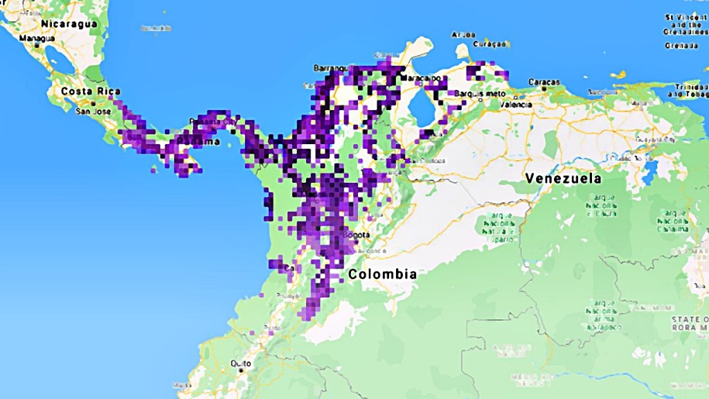 Mapa de distribución del carriquí en Colombia y Venezuela.