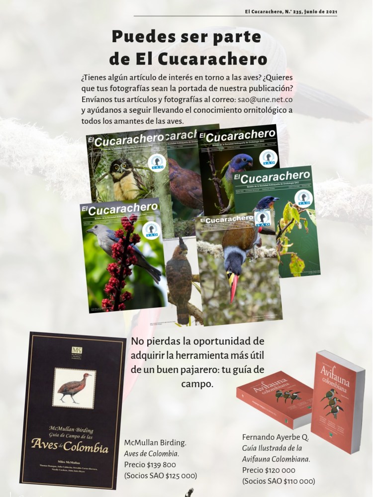 Contraportada revista cucarachero de la sociedad antioqueña de ornitologia