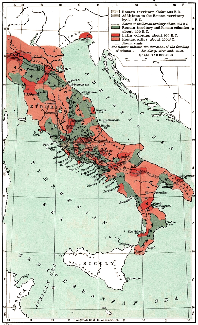 Mapa de la peninsula italiana durante la monarquia romana