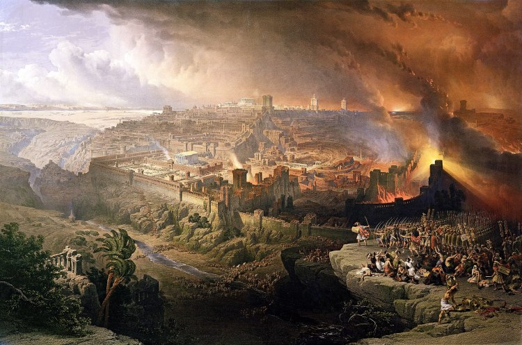 Pintura del sitio y destrucción de Jerusalén por los romanos.