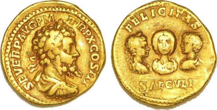 Moneda romana de oro con la efigie de emperadores