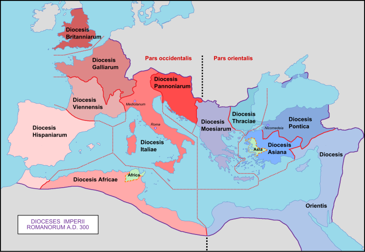 Mapa de las diócesis del Imperio Romano en el año 300.