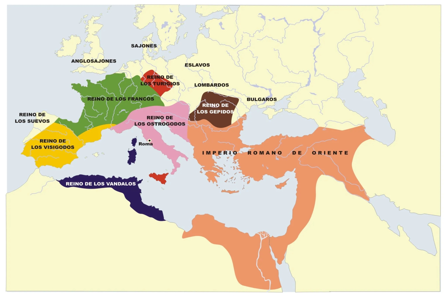 Mapa de la división del Imperio Romano, con los reinos germanos