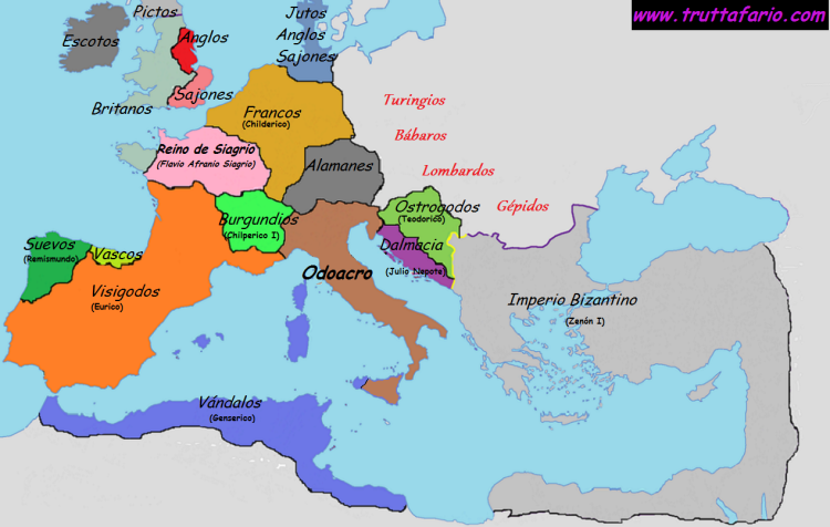 Mapa de la disolución del Imperio Romano de occidente.