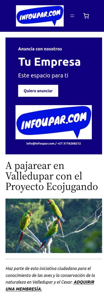 Captura de pantalla de un sitio web en colores azul y blanco con textos negros.