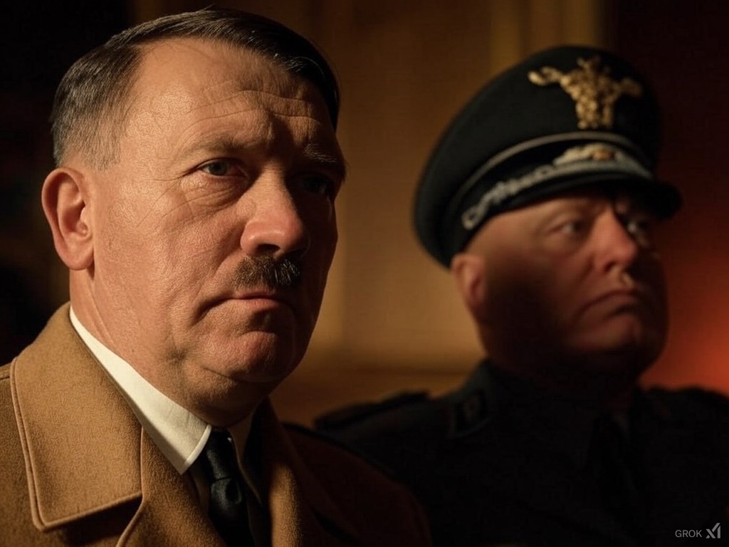 Retrato de Hitler y Mussolini que imagina una reunión para diseñar su estrategia, generada por inteligencia artificial Grok.