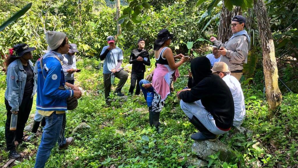 Estudiantes de la Universidad de La Guajira conversando en un claro de bosque seco.