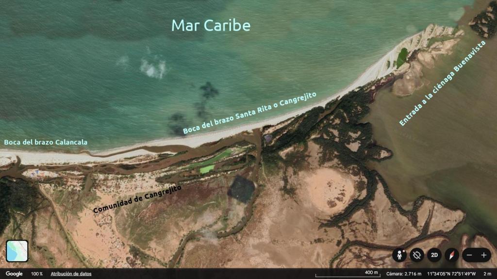 Mapa físico turístico del litoral de Riohacha, Colombia y comunidad de Cangrejito.