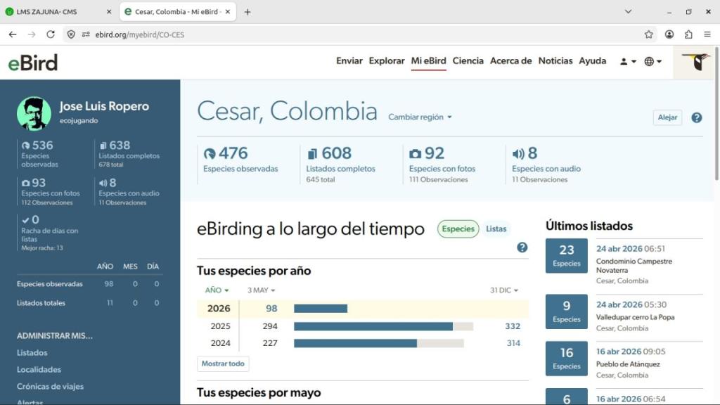 Captura de pantalla del servicio para observadores de aves ebird.org