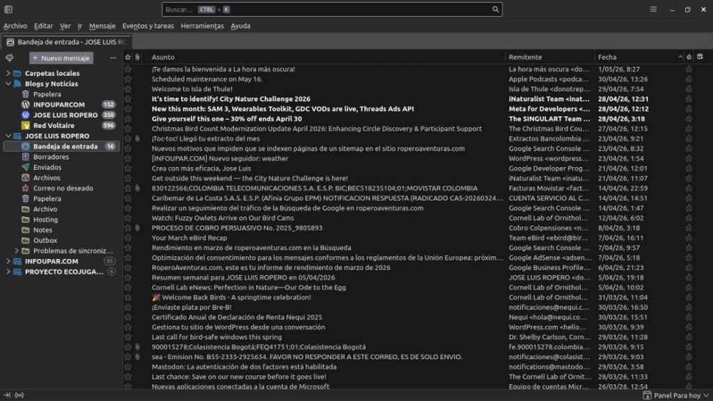 Captura de pantalla del cliente de email Thunderbird en un PC Linux Mint.