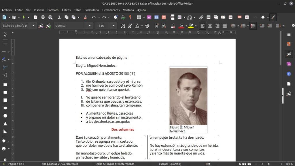 Captura de pantalla del procesador de texto LibreOffice Writer.